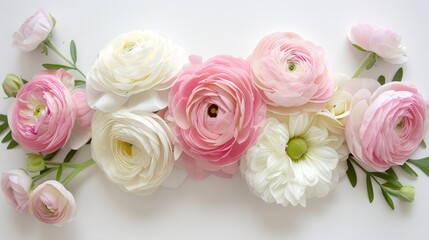 Fototapeta premium A flat lay of pink and white ranunculus flowers and daisies, artistically arranged on a white background, showcasing an elegant floral composition.