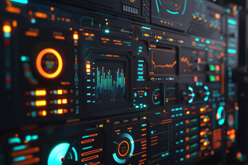 Obraz premium A futuristic data integration interface with seamless connections and realtime analytics, front view, emphasizing efficiency and connectivity, advanced tone, Vivid Color Scheme.