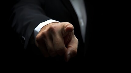 Fototapeta premium Close-up of a man in a black suit pointing his finger forward in a dramatic, low-light setting. Emphasis on authority and command concept.