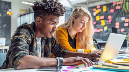 A diverse young team working collaboratively on laptops in a modern office. Creative workspace filled with sticky notes and vibrant energy.