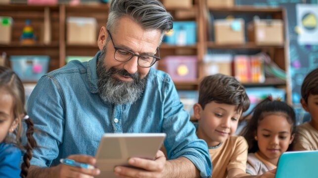 Smiling male teacher with gray beard and glasses engaging young students with tablet in lively classroom with educational materials.