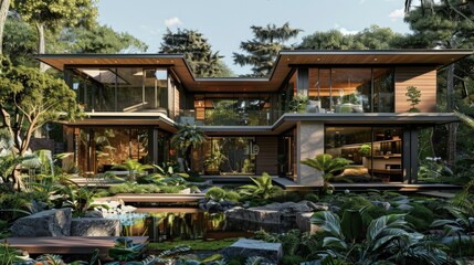 Obraz premium A modern farmhouse with a sprawling garden. The house combines rustic charm with contemporary design, featuring a mix of wood and metal finishes.
