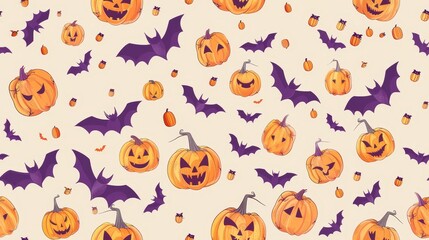 Playful Halloween pattern with jack-o'-lanterns, bats, and stars on a beige background, creating a festive, spooky design.