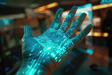 hand processing data,virtual hand, data holograms, data analysis, on a screen