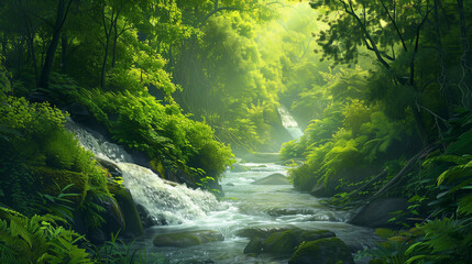 Fototapeta premium A lush, green forest with a picturesque river flowing through it. The water rustles gently, adding charm and peace to the landscape, and the dense vegetation creates an idyllic, natural paradise.