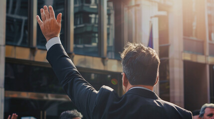 A man in a suit waves to people outside. His gesture suggests a friendly greeting or farewell, and the smile on his face emphasizes the positive atmosphere of the situation.
