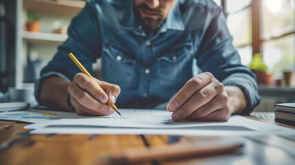 The man in the painting is concentrating on drawing a plan with a pencil on a piece of paper. His commitment and focus suggest that this is an important task requiring precision.