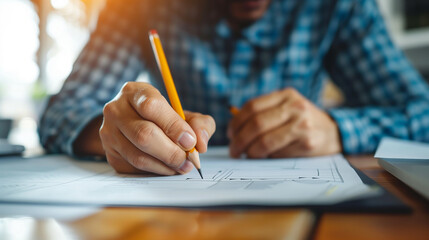 The man in the painting is concentrating on drawing a plan with a pencil on a piece of paper. His commitment and focus suggest that this is an important task requiring precision.