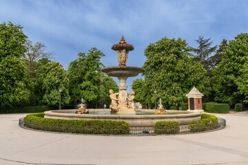 view of the Alcachofa Fountain in the El Retiro city park in Madrid