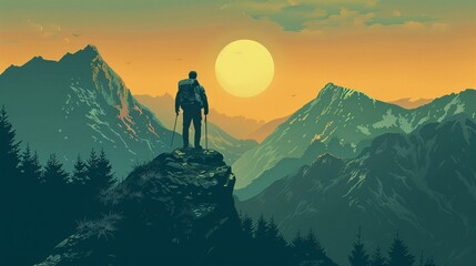Fototapeta premium A man is standing on a mountain top, looking out at the sun