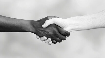 Two hands, one black, the other white, holding hands in an embrace. This symbolic gesture can represent unity, solidarity or reconciliation, regardless of cultural or ideological differences.