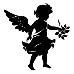 A silhouette of a young cherub or angel figure holding a flower, with wings spread out behind it