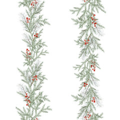 Vertical seamless border with watercolor Christmas tree branches and red berry of ilex or holly. Hand painted illustration on isolated background. Seamless banner garland for christmas and new year.