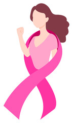 Woman with pink ribbon. Breast cancer awareness month. Design for poster, banner, t-shirt. Vector illustration.