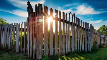 Obraz premium Old shabby wooden fence with lens flare sunn