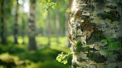 closeup of a birch tree in the center of a scandinavian forest
