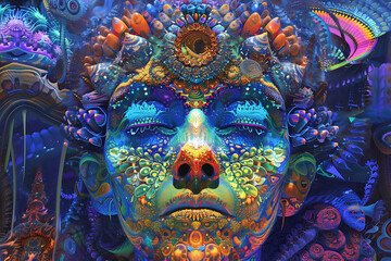 Psychedelic art featuring vibrant colors, abstract patterns, and surreal imagery, creating a mesmerizing and mind-bending visual experience
