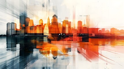 Vibrant Geometric Cityscape Reflecting in Riverfront Waters