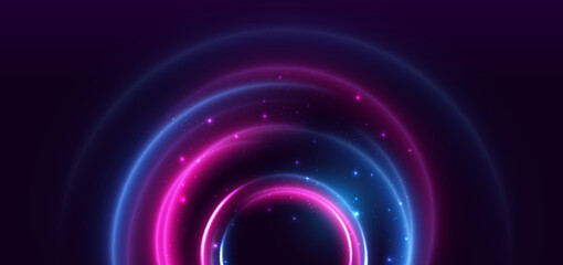 Abstract technology futuristic neon glowing blue and pink light lines with lighting effect on dark blue background.