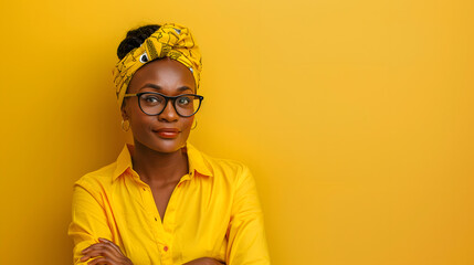 A portrait of beautiful smiling African woman in yellow shirt and headscarf with glasses standing isolated over vibrant color background.