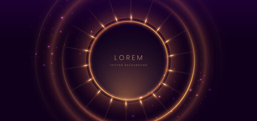 Luxury dark purple background with circle glowing blue and golden line lighting effect sparkle.