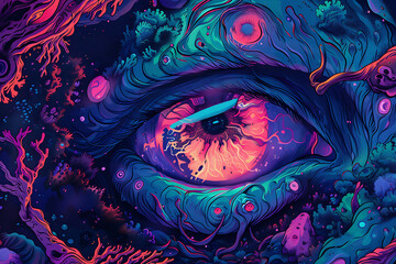 Psychedelic art featuring vibrant colors, abstract patterns, and surreal imagery, creating a mesmerizing and mind-bending visual experience