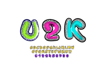 Graffiti spray font, inflated alphabet, street city hand-drawn typeface, brush paint texture letters and numbers made mural style, vector illustration 10EPS