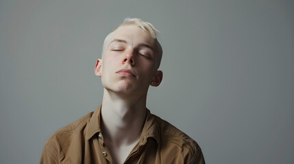 portrait of an albino man with short hair, he is standing in front of the camera and his eyes closed.