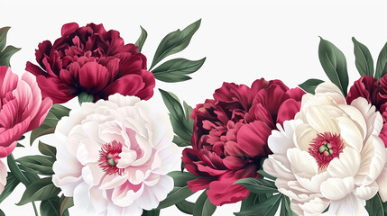 A bouquet of red, pink and white flowers of roses and peonies on a black background, with petals.