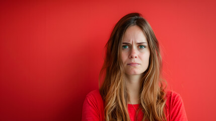 An angry white female isolated on red background. 