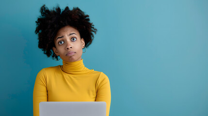 A worried afro-american woman isolated on blue background. 