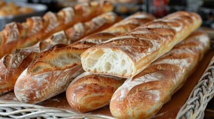 Baguettes: A selection of freshly baked baguettes arranged in a wicker basket. Traditional French bread.