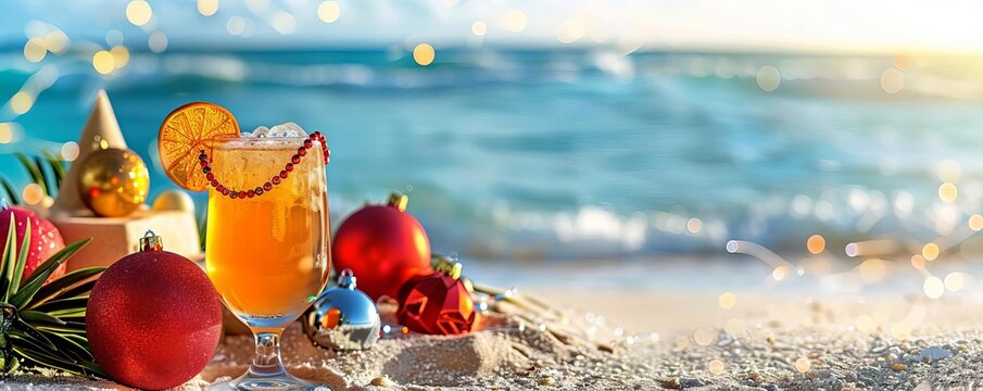 Festive drinks with holiday decor beside a sandcastle
