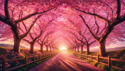 Sunset Pathway Under Cherry Blossom Archway