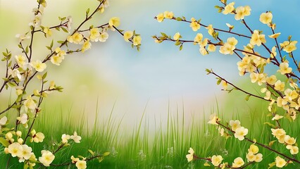Obraz premium Spring nature background with lovely blossom in yellow pastel color top view banner