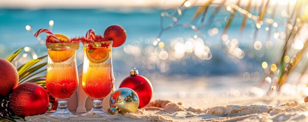 Festive drinks with holiday decor beside a sandcastle