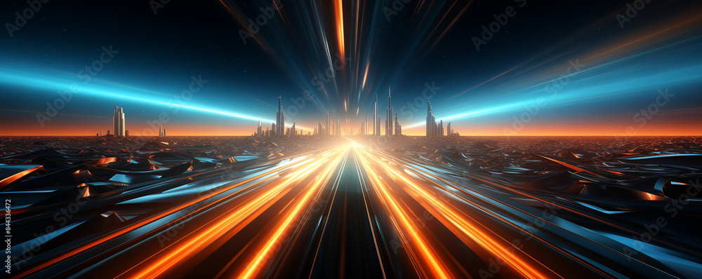 Aufkleber abstract network and data speed, blue and orange speed data futuristic background