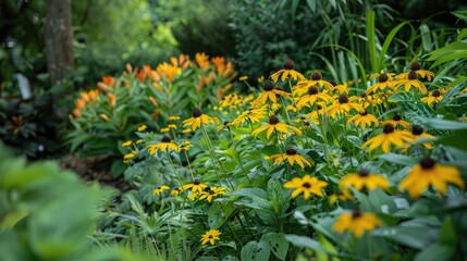Yellow blooms and verdant foliage in the summer garden