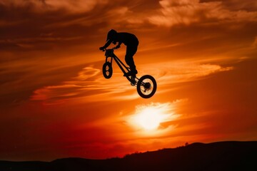 Obraz premium A rider performing a freestyle trick in the air with a sunset backdrop