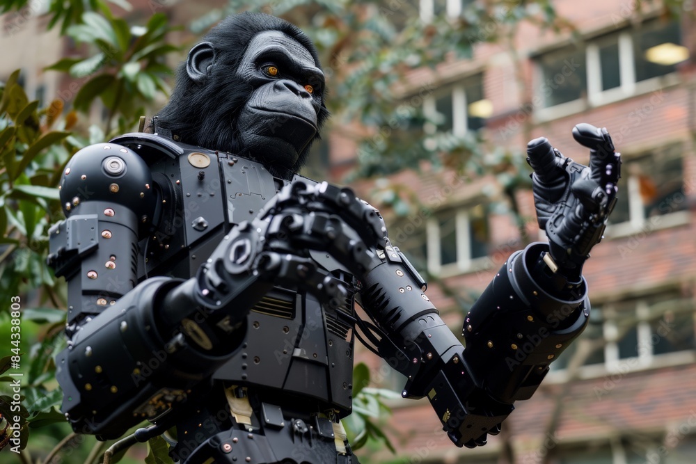 Aufkleber a life-like robotic gorilla with detailed mechanical components in front of a building facade
