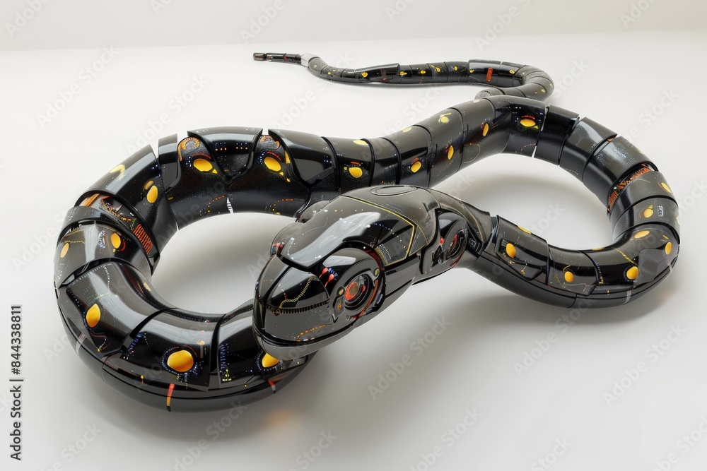Poster a sleek, futuristic robotic snake sculpture with a segmented body, glowing elements, and a realistic