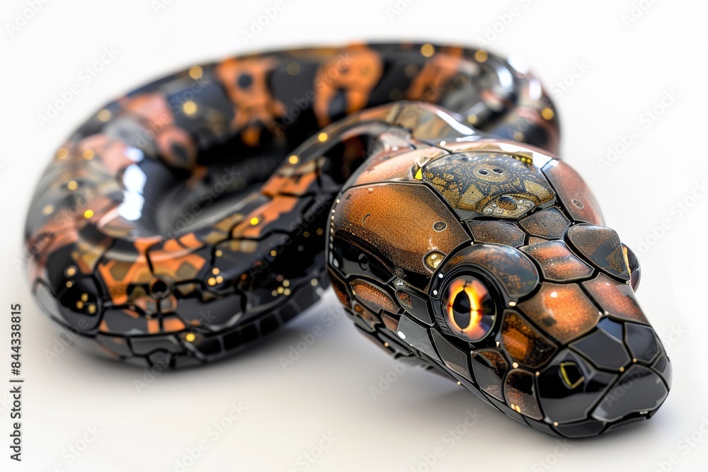 Poster Detailed mechanical snake rendering with shiny scales and glowing eyes, reminiscent of advanced technology and sci-fi concepts