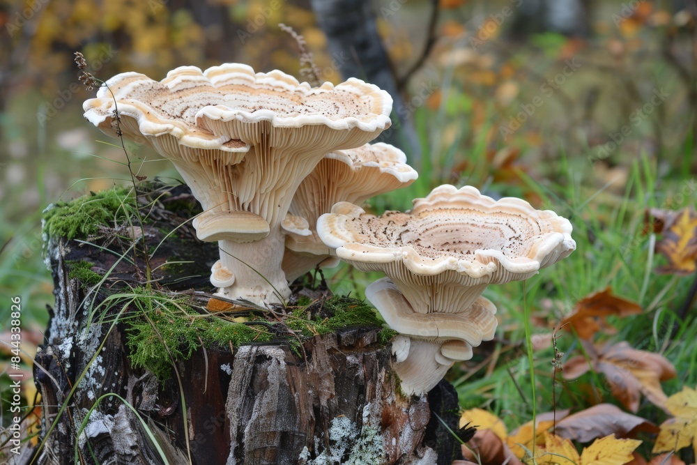 Poster this image showcases a cluster of wild mushrooms with intricate gills, growing on a moist tree stump