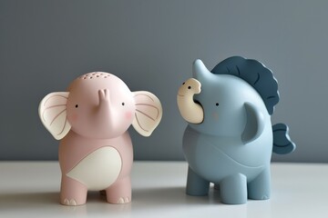 Side view of two adorable stylized elephant toys facing each other with a soft pastel color scheme