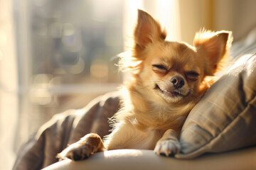 Small tan chihuahua dog lies on soft chair near window, enjoying suns warmth. The dogs eyes closed