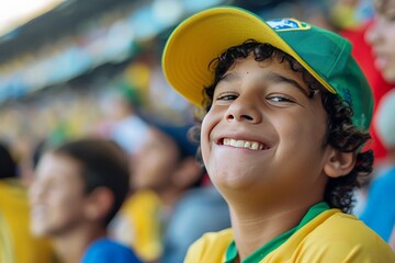 A young boy smiles with contentment wearing a Brazil cap, sitting in a sports stadium full of fans