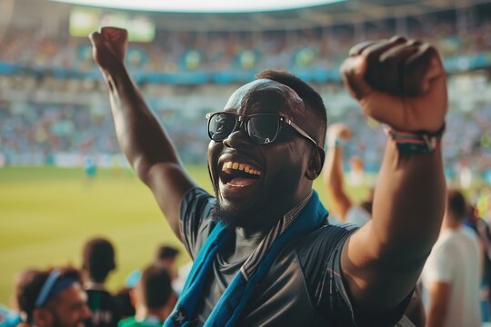 This image captures a football fan with a raised fist, expressing intense support at a sporting event