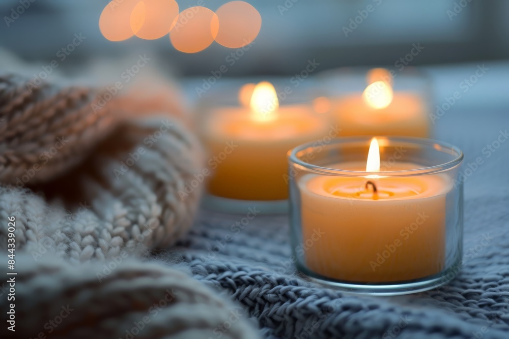 Poster warm candles and a soft knit blanket create a tranquil atmosphere, perfect for relaxation and medita