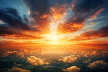 Fototapeta premium Beautiful dramatic sky at sunset, with cumulus clouds, aerial view, picturesque abstract background