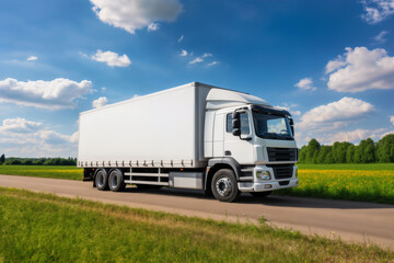 A white truck is driving on the road against the background of a summer landscape